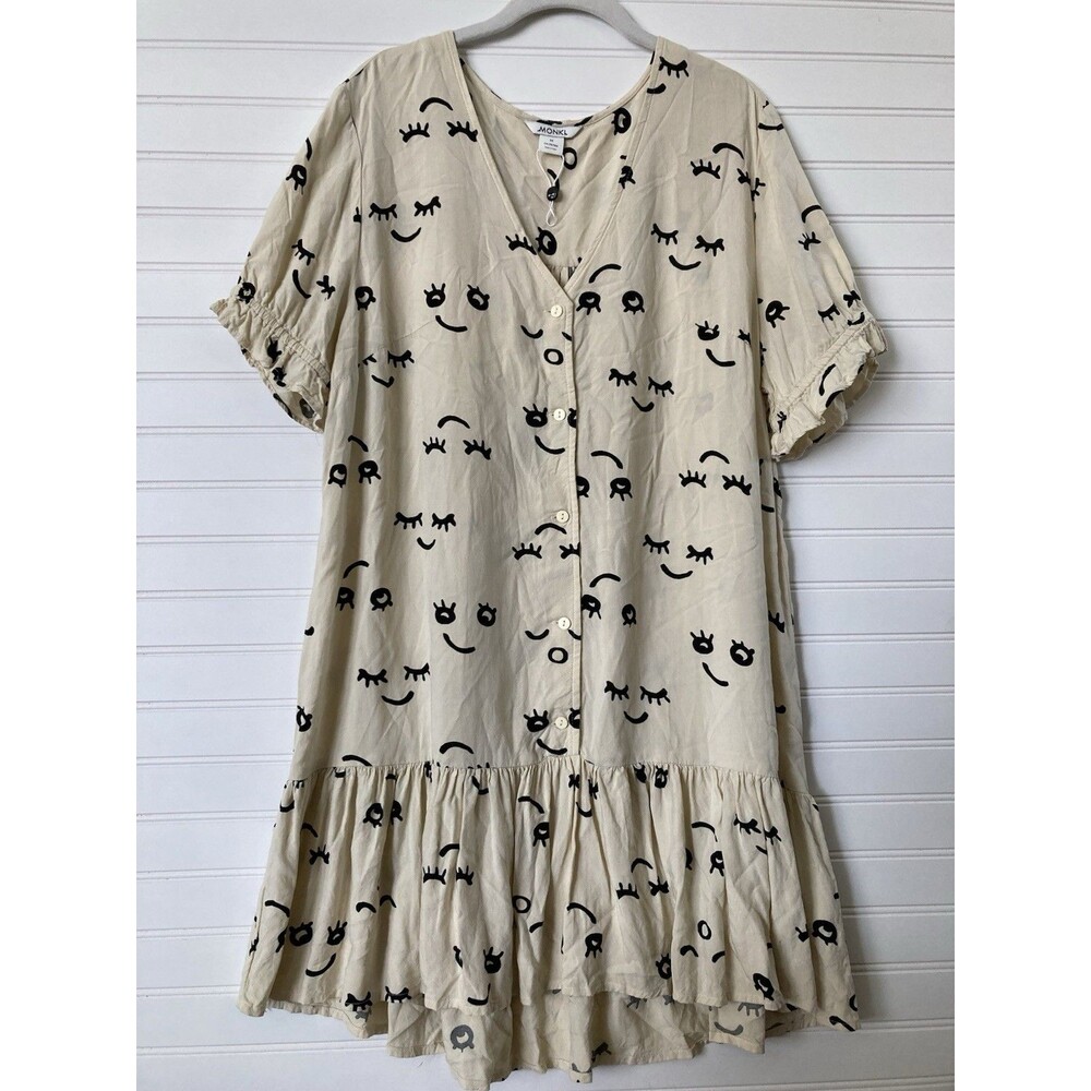 Monkl Mini Dress Tunic Face Print MEDIUM Women Ruffle Hem Artsy  Quirky Boho